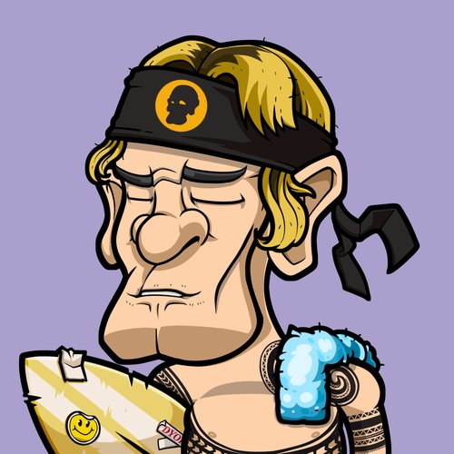 Cartoon NFT-style illustration of a blonde character wearing a black headband with an orange ape silhouette logo, a blue ice-like bracelet, and holding a yellow item, set against a purple background.