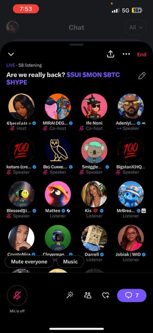 A screenshot of a live audio chat room titled 'Are we really back? $SUI $MON $BTC $HYPE' featuring multiple speakers and listeners.
