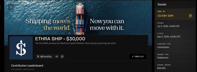 A screenshot of a fundraising page for 'ETHRA SHIP - $30,000' described as 'The first RWA protocol for Maritime Capital Markets,' ending in 1D 04H 36M.