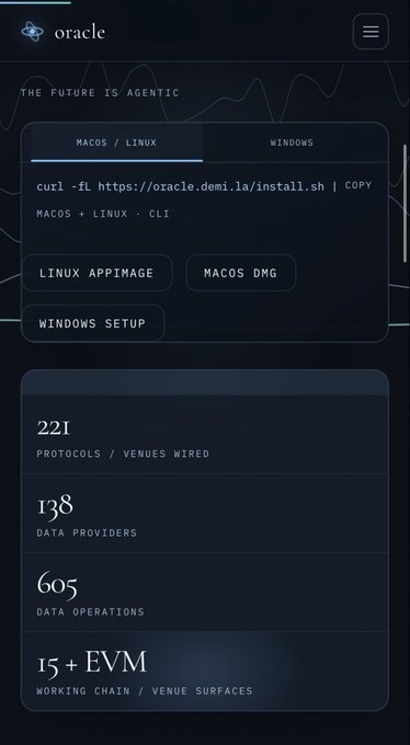 A screenshot of a website for 'oracle' with the tagline 'THE FUTURE IS AGENTIC', showing installation options for MacOS/Linux and Windows, plus statistics like 221 Protocols, 138 Data Providers, and 605 Data Operations.
