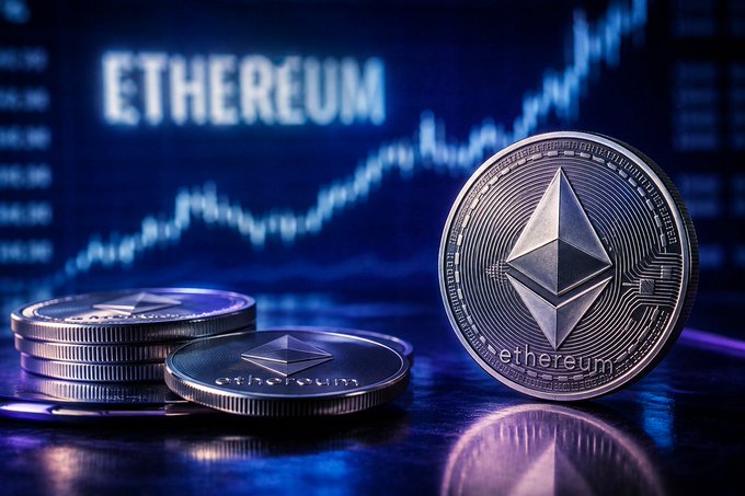 Close-up photograph of Ethereum cryptocurrency coins with a chart and the word 'ETHEREUM' displayed in the background.