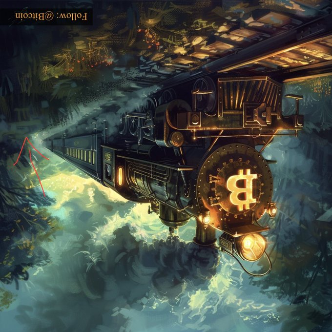 An artistic AI-generated illustration of a steam locomotive featuring a Bitcoin (₿) symbol on its front, traveling through a dreamy landscape with text reading 'Follow: @Bitcoins' in the corner.