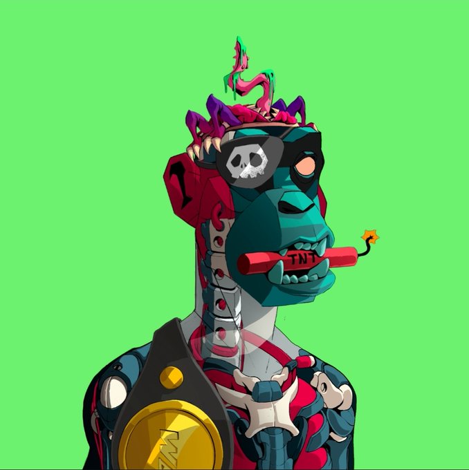Digital artwork of a futuristic cyborg character with a teal skull-like face, red mechanical details, and a 'TNT' stick in its mouth, set against a green background.