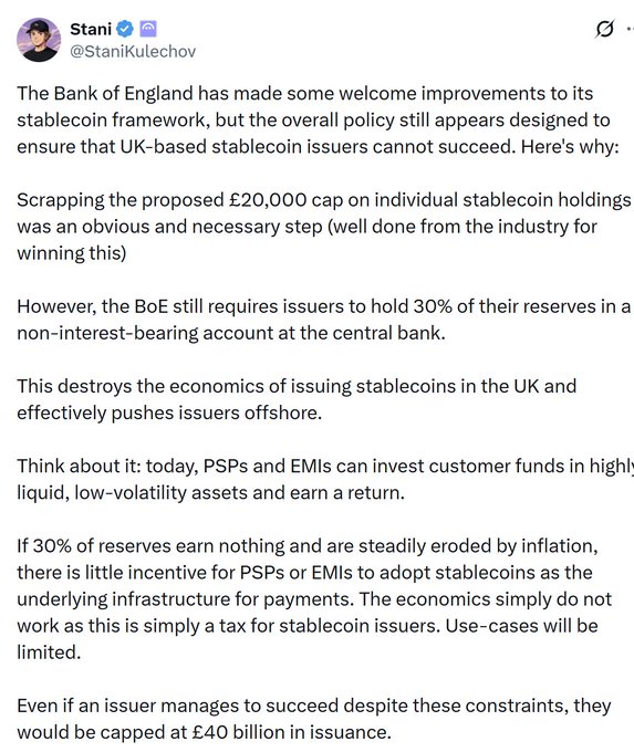 The image features a page of text that appears to be an article posted on social media. It contains information about an issue related to the Bank of England's decision regarding the stabilitycoin system. The main point of discussion seems to be the allocation of reserves, with some people expressing concerns about the current reserve allocation methods. 
The image also includes a photo of a person and text that seem to focus on an unrelated aspect, possibly an advertisement or another piece of information unrelated to the main article content. Overall, the post presents a variety of topics, including the stabilitycoin system and an issue with the Bank of England's reserves allocation methods.