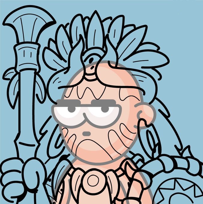 Cartoon illustration of a Roman-style character wearing a laurel wreath and holding a staff, with a translucent emoji overlay obscuring the face.