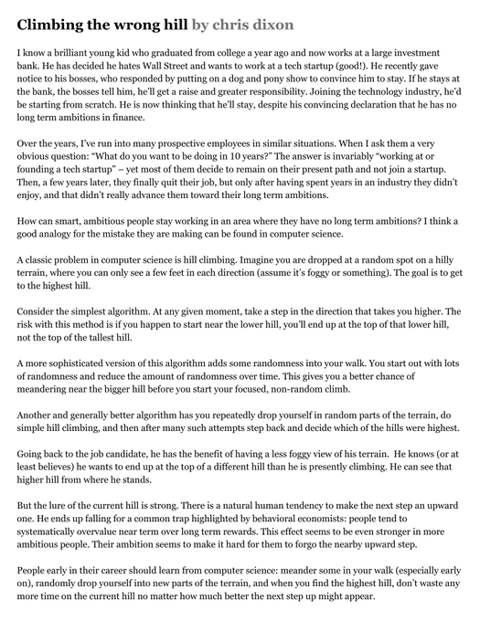 The image shows an article titled "Climbing the wrong hill by chris dixon," which uses the computer science analogy of hill-climbing algorithms to advise early-career professionals to avoid staying in unsuitable jobs for too long. The accompanying tweet references @cdixon sharing this article, indicating the post is highlighting Dixon's essay about the dangers of overvaluing short-term gains over long-term career advancement.