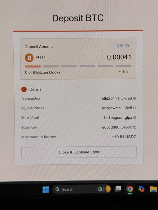 A computer screen displays a 'Deposit BTC' interface showing an amount of 0.00041 BTC (~$35.03) with transaction details, vault address, and key, running on an ASUS VivoBook.