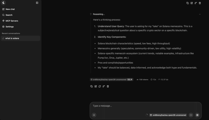 A screenshot of an AI chat interface explaining its thinking process for a query about 'what is Solana', detailing blockchain characteristics and memecoin ecosystem context.