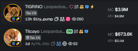 Screenshot showing two meme coin listings on what appears to be a crypto tracking platform: "TIGRINO" (Leopardus...) with 1% tax, 13h old, market cap $3.9M, and "Tilcayo" (Leopardus...) with 1% tax, 1d old, market cap $673.6K.