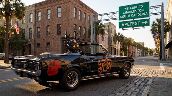 A black convertible Mustang with orange skull and crossbones decals is parked on a cobblestone street under a highway sign reading 'WELCOME TO CHARLESTON, SOUTH CAROLINA' with an additional sign below pointing to 'APEFEST'.