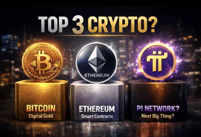 Promotional graphic titled 'TOP 3 CRYPTO?' displaying Bitcoin, Ethereum, and Pi Network as a potential 'Next Big Thing.'