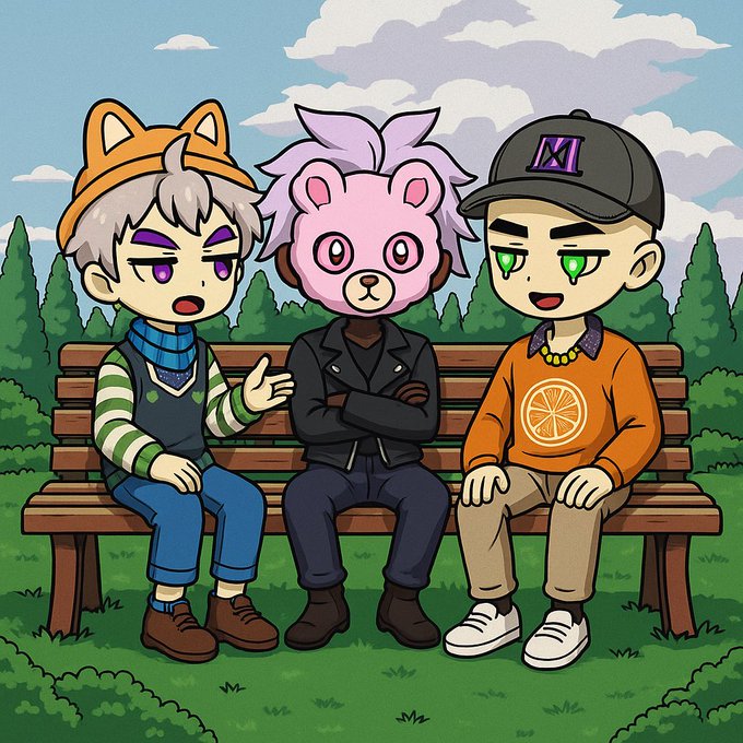 A colorful illustration depicts three cartoon characters sitting on a wooden park bench against a backdrop of green trees and a blue sky, featuring a boy with a fox-eared hat, a central figure in a pink bear mask, and a boy with green eyes wearing a black cap with an 'XI' logo.