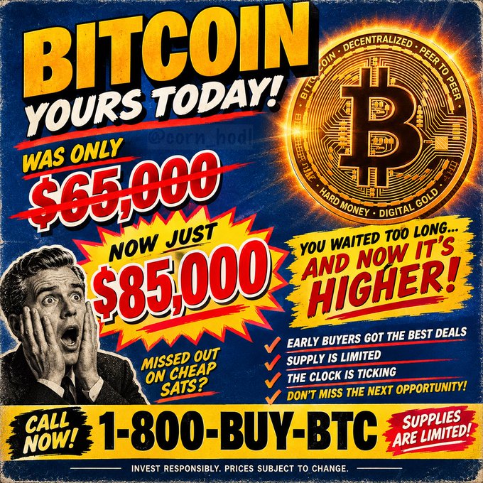 A retro-style Bitcoin advertisement features a shocked man with text reading 'BITCOIN YOURS TODAY! WAS ONLY $65,000 NOW JUST $85,000' and 'CALL NOW! 1-800-BUY-BTC'.