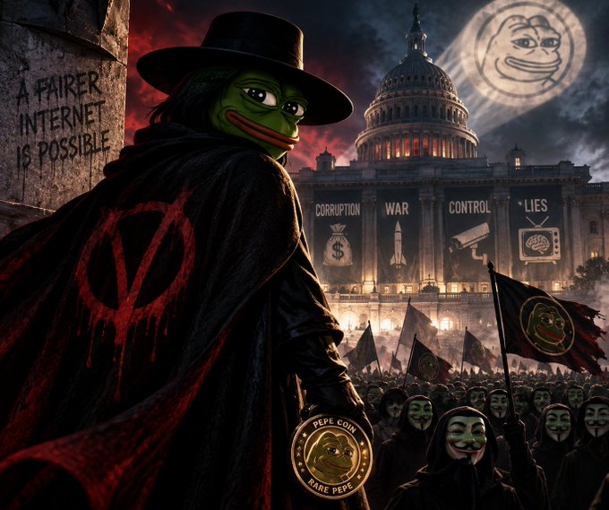 A Pepe the Frog figure in a black hat and V for Vendetta cape stands before the U.S. Capitol, holding a 'PEPE COIN RARE PEPE' coin, with crowds of masked protesters and banners reading 'CORRUPTION', 'WAR', 'CONTROL', and 'LIES' under a graffiti moon.