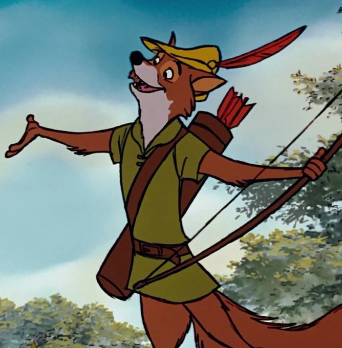 Classic Robin Hood animated fox character in his signature green hat and outfit, carrying a bow and quiver of arrows with the red feather, standing in a forest setting.