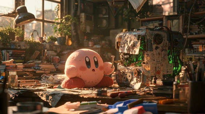 A 3D animated-style image featuring Kirby, the pink Nintendo character, sitting on a workbench next to a small robot covered in stickers and green liquid in a cluttered workshop.