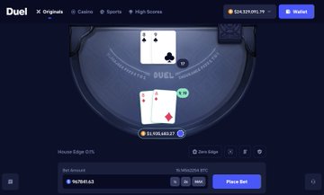 A screenshot of the online gambling platform Duel shows a two-player card game in progress at "DUEL.COM" with balances of $24,539,051.79 and $6,150,453.57, illustrating the interface of the casino that the post reports was exploited by the DPRK Hacking Group, draining approximately $20M through social engineering and leaving the attackers' wallets holding over $380K in funds.