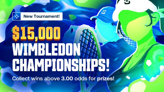 A promotional graphic announcing a "$15,000 Wimbledon Championships" tournament with the tagline "Collect wins above 3.00 odds for prizes!" and a "New Tournament!" badge, featuring stylized illustrations of tennis players in green and blue against a vibrant background, tying directly into the accompanying post about scoring leaderboard points by hitting winning bets at 3.00+ odds on Wimbledon matches.