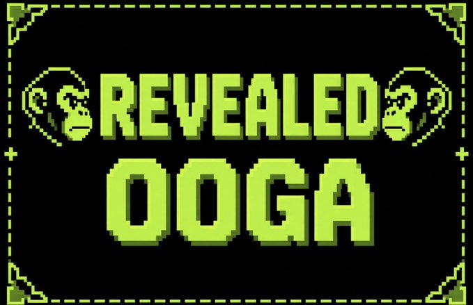 A pixel art graphic with a black background and green text reading "REVEALED OOGA" flanked by two pixelated monkey figures.