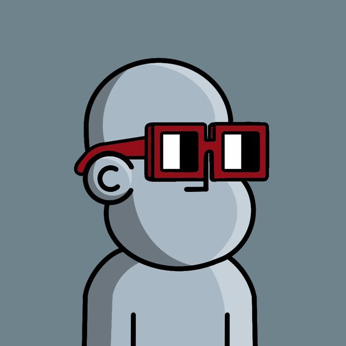 A minimalist digital illustration of a gray, featureless humanoid figure wearing large red-framed pixelated sunglasses against a solid slate-gray background.