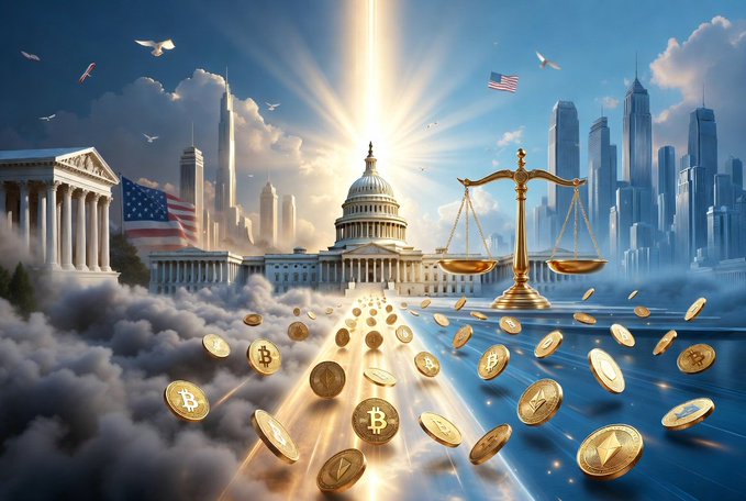 An AI-generated illustration depicting the U.S. Capitol building, a golden scale of justice, American flags, and golden Bitcoin and Ethereum coins floating in the clouds over a city skyline.