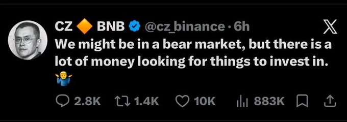 A tweet from CZ BNB (@cz_binance) stating 'We might be in a bear market, but there is a lot of money looking for things to invest in.', with 2.8K replies, 1.4K retweets, 10K likes, and 883K views.