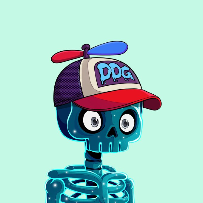 A cartoon skeleton with a teal glow wearing a red and white propeller cap with 'DPG' written on it, against a light green background.