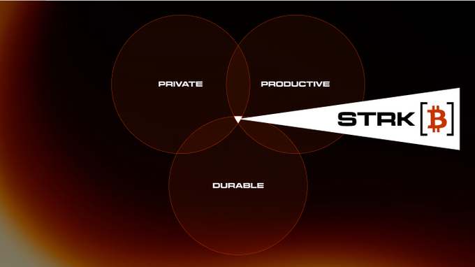 A Venn diagram with three overlapping circles labeled 'PRIVATE', 'PRODUCTIVE', and 'DURABLE' on a dark red background, with a white triangle pointing to the center labeled 'STARK [B]'.
