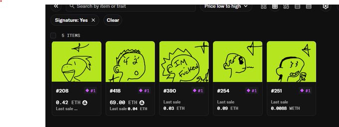 The image shows an OpenSea NFT collection page filtering 5 "Signature: Yes" items, with hand-drawn doodle-style artworks priced between 0.0005 and 0.09 ETH. The listings (#208, #418, #390, #254, #251) illustrate the challenge of finding signature-tier NFTs, supporting the post's claim that signatures are harder to obtain.