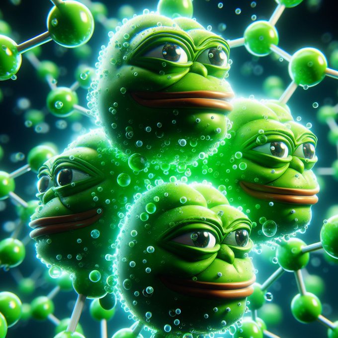 A psychedelic 3D digital artwork featuring multiple Pepe the Frog heads clustered together, surrounded by glowing green molecular structures and bubbles in an underwater-like environment.