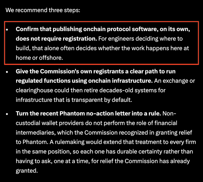 The image outlines three recommended steps, with the first one highlighted in a red box: "Confirm that publishing onchain protocol software, on its own, does not require registration." This relates to the joint comment letter from Hyperliquid Policy Center (HPC) and Phantom urging the CFTC to modernize its regulatory framework around onchain protocol software.