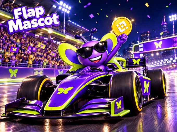 A cartoonish purple butterfly mascot wearing sunglasses sits in a purple and green Formula 1-style race car while holding up a gold coin, with the text "Flap Mascot" displayed in the upper left corner.