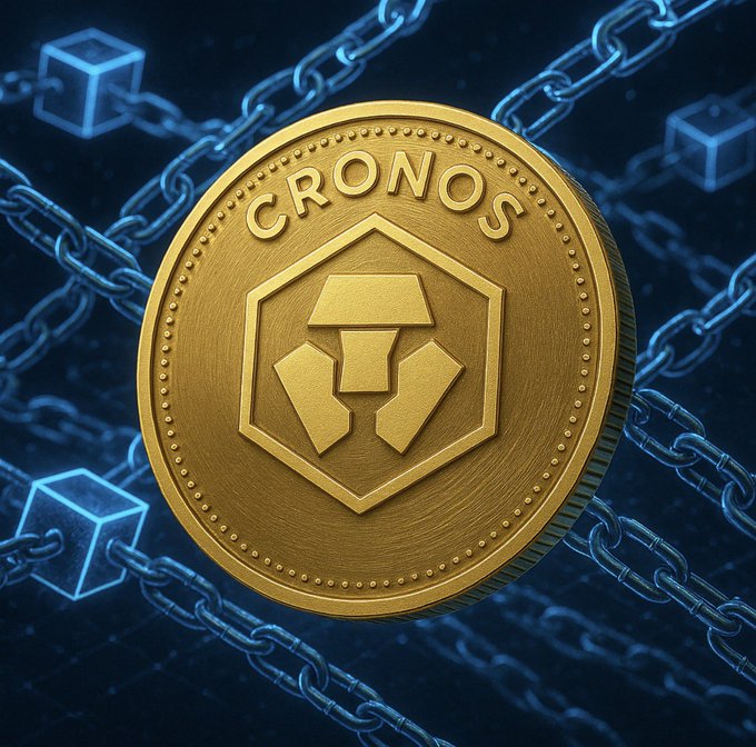 A 3D rendered image of a golden Cronos (CRO) cryptocurrency coin against a dark background with blue chains and glowing cubes.