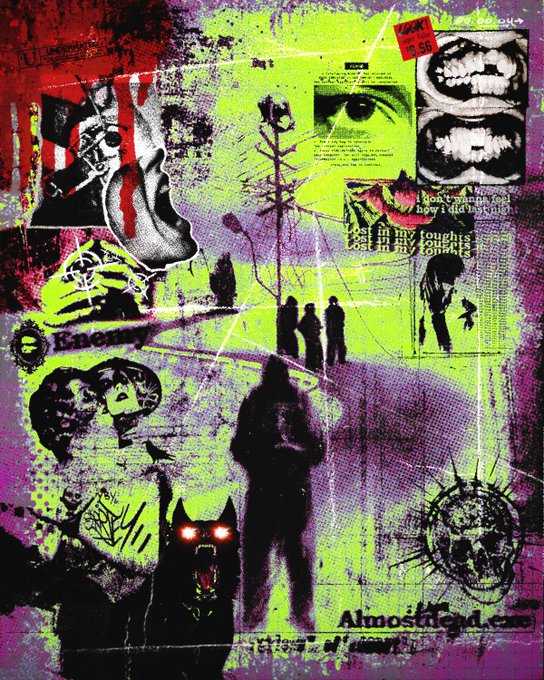 A chaotic, grunge-style collage features neon green and purple tones with dark silhouettes, American flag imagery, teeth, and text reading 'I look young, I feel lost', 'all my thoughts feel torn', and 'AlmostDead.com'.