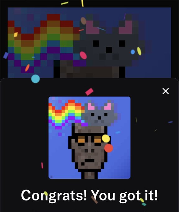 A 'Congrats! You got it!' notification popup showing a pixel art character with a rainbow trail and a gray dog on its head, surrounded by confetti.
