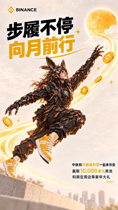 A Binance promotional poster featuring a futuristic, rabbit-eared cyborg leaping toward a glowing moon, surrounded by gold coins, with the Chinese text "步履不停 向月前行" (Keep Moving, March Toward the Moon) and details for a Mid-Autumn Festival event offering a 10,000 USDT prize pool plus gifts like iPhones and AirPods from September 25 to October 7.