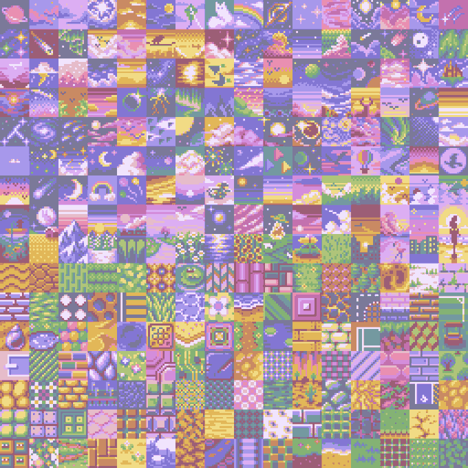 A colorful pixel art collage composed of dozens of small square tiles arranged in a grid, featuring pastel-colored scenes of sunsets, landscapes, flowers, moons, rainbows, and various whimsical nature and fantasy imagery in purple, pink, green, and yellow tones.