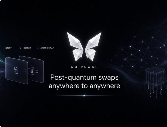 A promotional graphic with a butterfly logo reading 'QUIPSWAP' and text 'Post-quantum swaps anywhere to anywhere', along with smaller text 'INTENT', 'COMMIT', and 'ATOMIC SWAP' showing lock icons on a dark background.