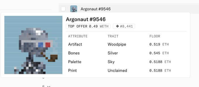 A webpage showing details for 'Argonaut #9546', a pixelated NFT character wearing 3D glasses, with attributes including Woodpipe Artifact and Silver Bones, and a top offer of 0.49 WETH.