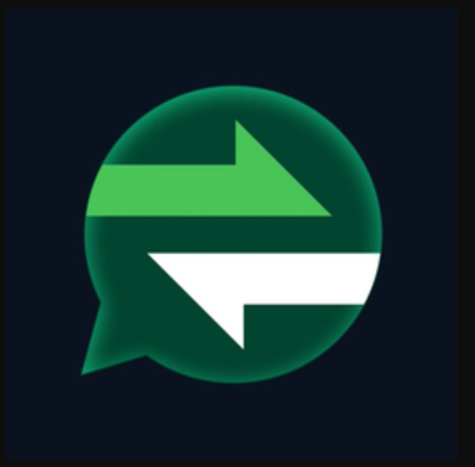 A dark green WhatsApp logo featuring two arrows pointing left and right inside a speech bubble on a dark background.