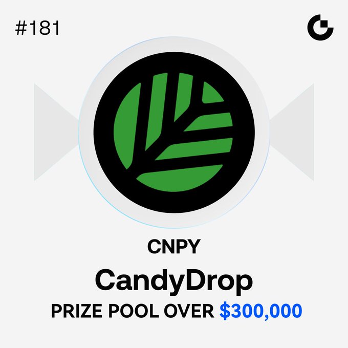 A CandyDrop promotional card #181 for CNPY (CandyDrop) showing a green leaf logo and announcing a prize pool over $300,000.