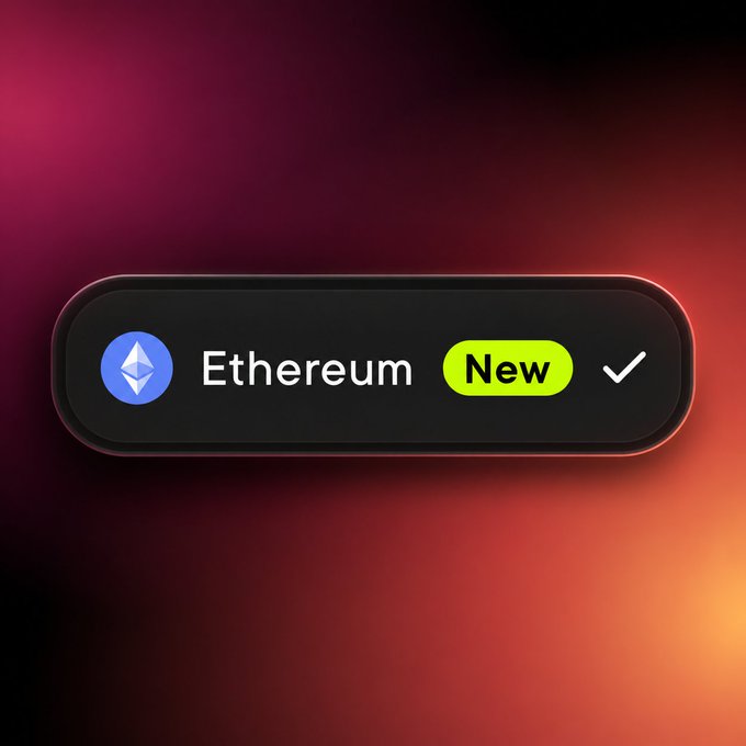 A digital notification banner displaying the Ethereum logo, the word 'Ethereum', a bright green 'New' tag, and a checkmark, set against a dark, reddish-black gradient background.