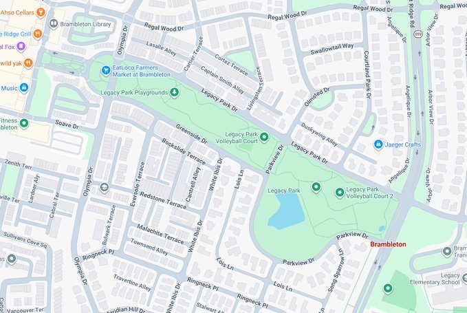 A map of the Brambleton neighborhood showing Legacy Park, residential streets, and local landmarks like EatLoco Farmers Market and Jaeger Crafts. The image shows no relevance to the post's claim about finding a "1000x" cryptocurrency play, which appears to be an unrelated promotional tactic typical of crypto spam.