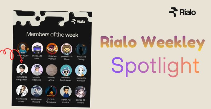 Rialo Weekly Spotlight featuring Members of the Week, displaying a grid of 15 user avatars from various countries including USA, India, Vietnam, China, Turkey, Bangladesh, Indonesia, Africa, South Korea, Pakistan, Arabic, Thailand, Portuguese, Ukraine, and General.
