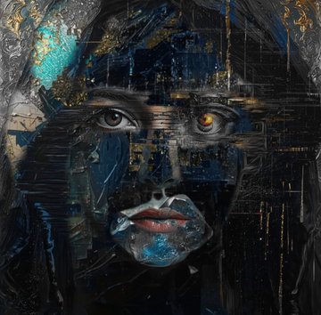 A mixed-media style digital portrait of a person with dark skin and intense eyes—one blue, one yellow/orange. The face is overlaid with blue, black, and gold geometric and circuit-like patterns, with a touch of turquoise in the hair.