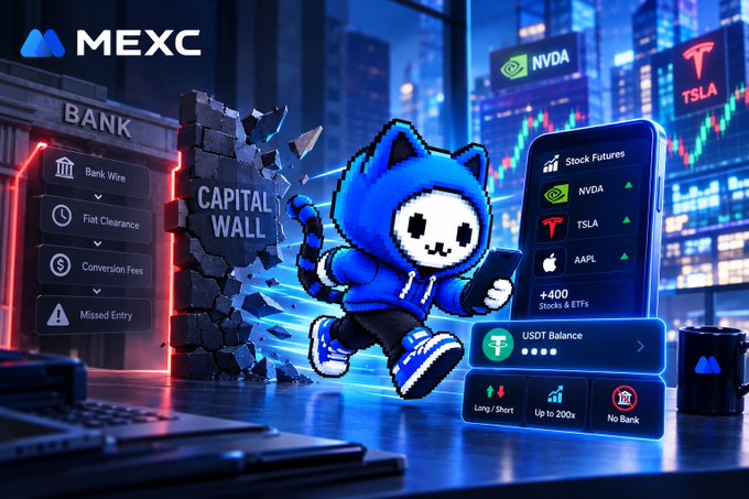 A MEXC cryptocurrency exchange promotional graphic features a blue hooded pixel-art mascot breaking through a 'CAPITAL WALL,' advertising features like 'Stock Futures' for NVDA, TSLA, and AAPL, with 'Up to 200x' leverage.