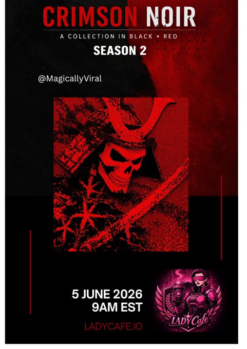 The image features a poster for the fifth season of the crime drama series "Crimson Noir" which was released on June 5, 2016. The poster includes a picture of a skeleton holding a sword with the title "Crimson Noir Season 2". The poster also has a social media share button and a link to the show's website.