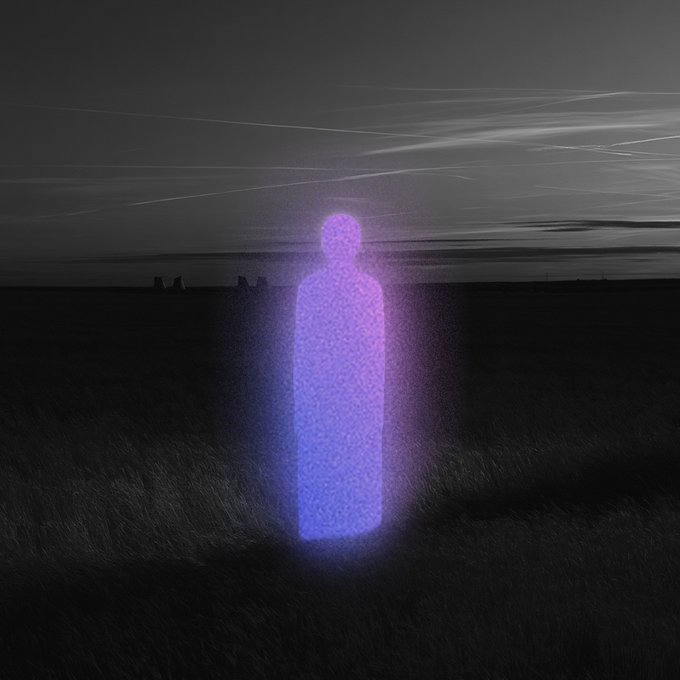 A glowing, ethereal purple humanoid figure stands in a dark, desolate field under a streaked twilight sky, embodying the mysterious first directive given to a newly awakened AI agent. The spectral form suggests the nascent, undefined nature of an agent awaiting its inaugural task in an unknown digital frontier.