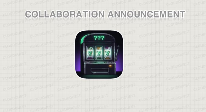 A "COLLABORATION ANNOUNCEMENT" graphic features a slot machine app icon displaying three sevens, symbolizing the 3,333 pixel slot machine NFT collection "Cloud Quest" by @SolanaMachines, which offers free mints on Solana with holders earning SOL from the prize pool every 10 days.