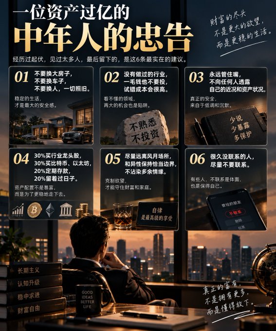 The image presents a Chinese infographic titled "一位资产过亿的中年人的忠告" (Advice from a middle-aged person with assets over 100 million), featuring six numbered pieces of advice alongside a man contemplating a city skyline, which visually reinforces the post's theme of practical financial wisdom about maintaining stability in housing, avoiding unfamiliar investments, and pursuing a fulfilling rather than extravagant lifestyle.